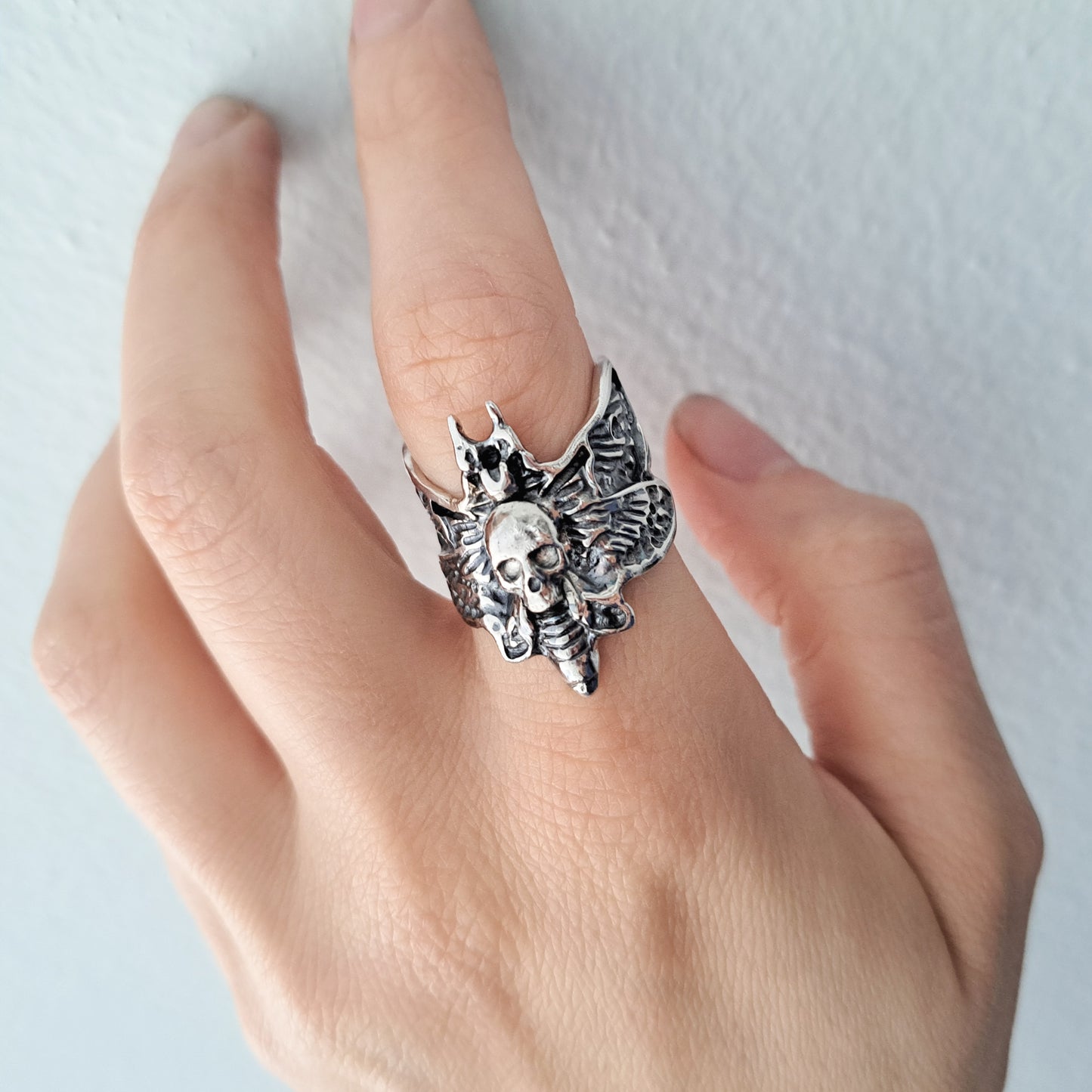 --BLYRA-- Gothic Skull Ring Death Moth Butterfly Wrap Ring Sterling Silver Creepy Wiccan Insect Jewelry