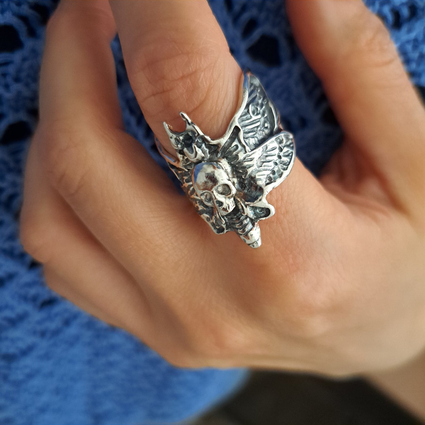--BLYRA-- Gothic Skull Ring Death Moth Butterfly Wrap Ring Sterling Silver Creepy Wiccan Insect Jewelry