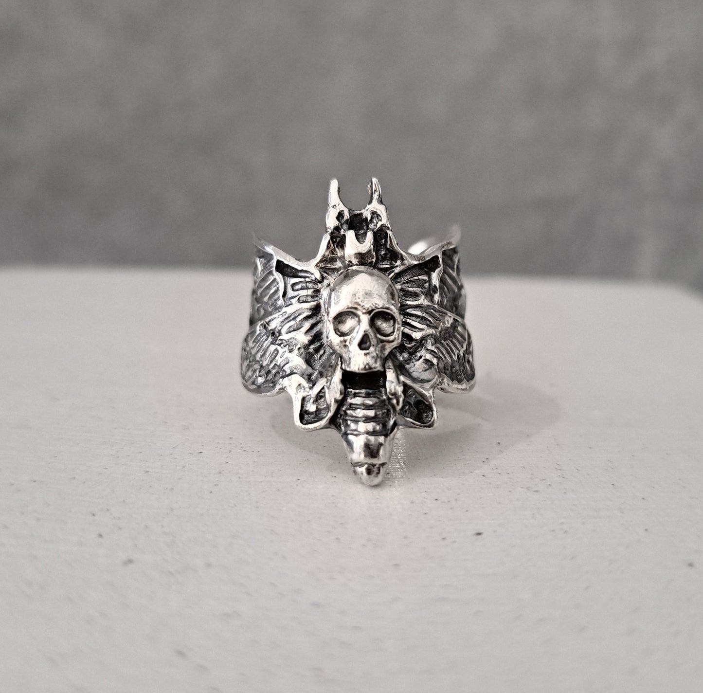 --BLYRA-- Gothic Skull Ring Death Moth Butterfly Wrap Ring Sterling Silver Creepy Wiccan Insect Jewelry