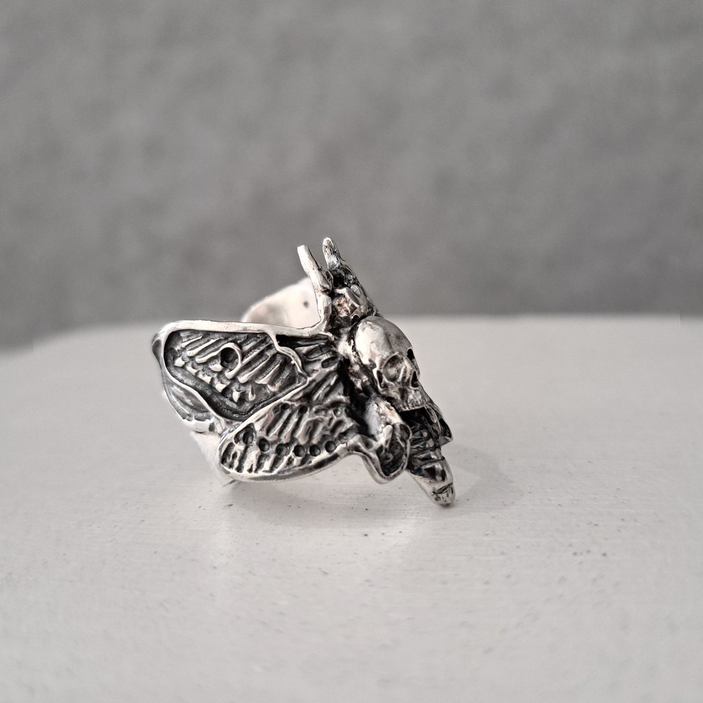 --BLYRA-- Gothic Skull Ring Death Moth Butterfly Wrap Ring Sterling Silver Creepy Wiccan Insect Jewelry