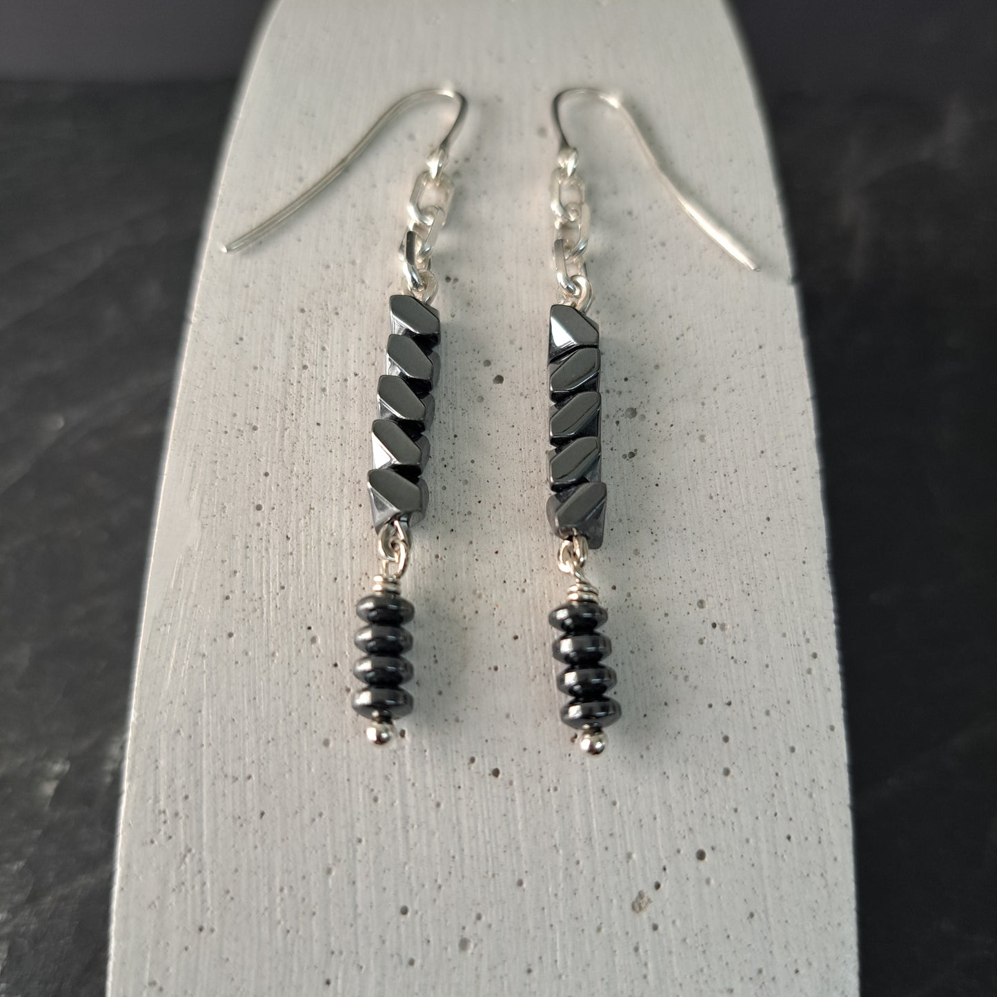 --Catena Nova-- Long Earrings Hematite & 925 Silver Minimalist Contemporary Dangle Earrings