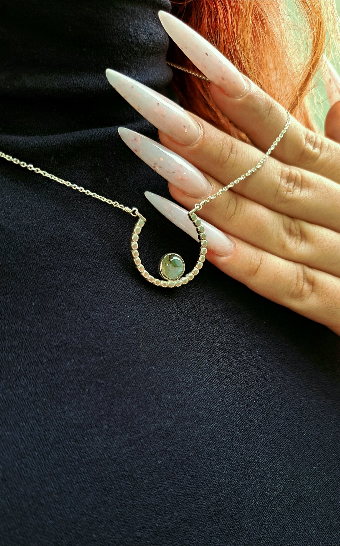 --Aenor--Handmade Labradorite Crescent Moon Necklace - Sterling Silver Artisan Pendant, Bohemian Gemstone Necklace, Modern Silver Jewelry