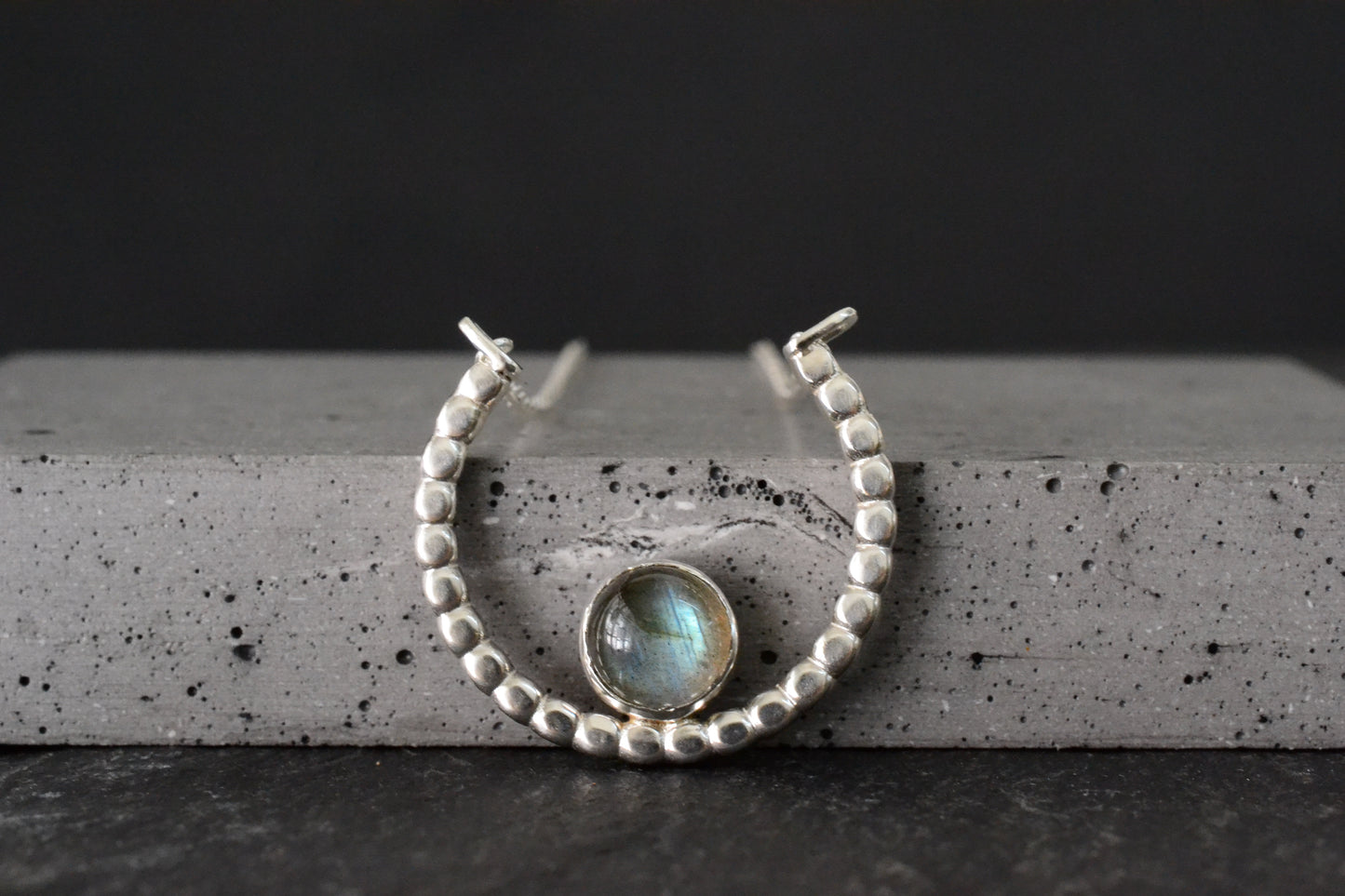--Aenor--Handmade Labradorite Crescent Moon Necklace - Sterling Silver Artisan Pendant, Bohemian Gemstone Necklace, Modern Silver Jewelry