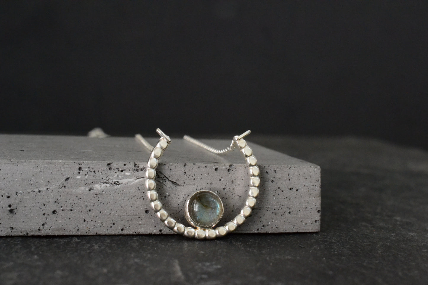--Aenor--Handmade Labradorite Crescent Moon Necklace - Sterling Silver Artisan Pendant, Bohemian Gemstone Necklace, Modern Silver Jewelry