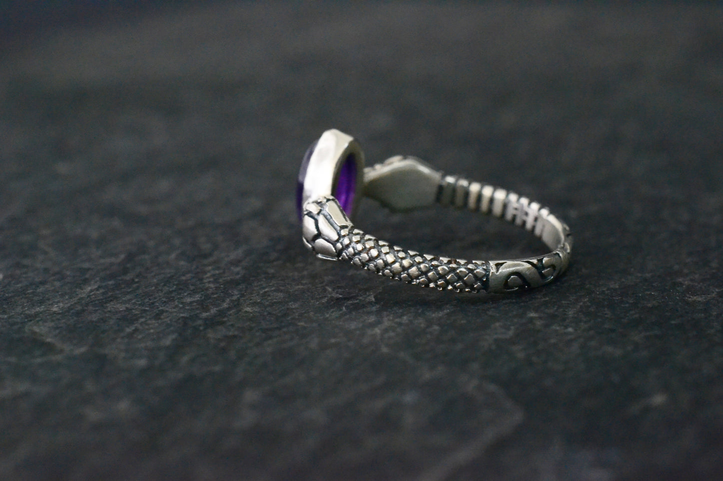 --Amethyst-- Serpent Ring, Silver Ouroboros Snake Jewelry, Witchy Engagement Ring, Gothic Purple Stone Ring, Occult Dark Magic Gift