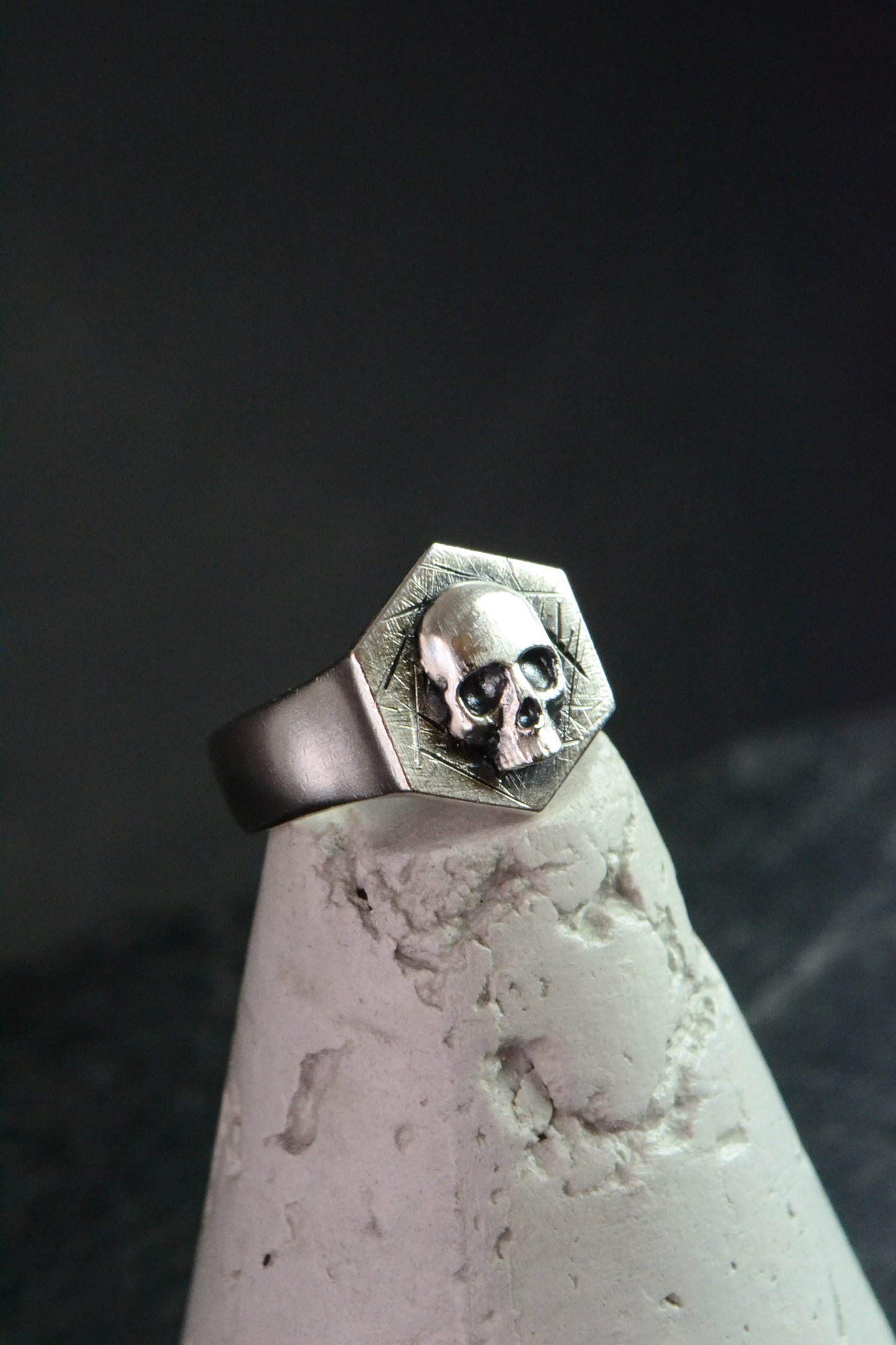 --ACHERON--Gothic Skull Ring, Mens Biker Signet Ring, Sterling Silver Pinky Ring, Hexagon Geometric Gothic Chevalier Jewelry