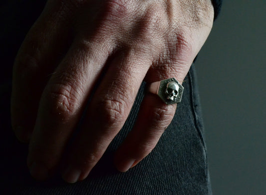 --ACHERON--Gothic Skull Ring, Mens Biker Signet Ring, Sterling Silver Pinky Ring, Hexagon Geometric Gothic Chevalier Jewelry