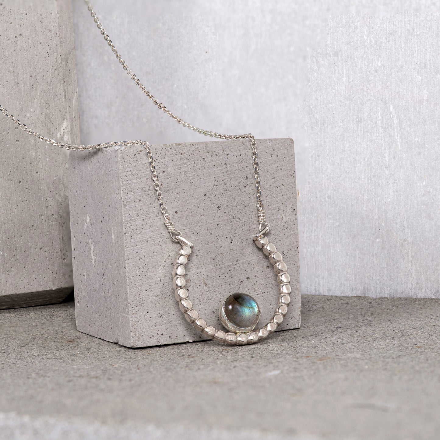 --Aenor--Handmade Labradorite Crescent Moon Necklace - Sterling Silver Artisan Pendant, Bohemian Gemstone Necklace, Modern Silver Jewelry