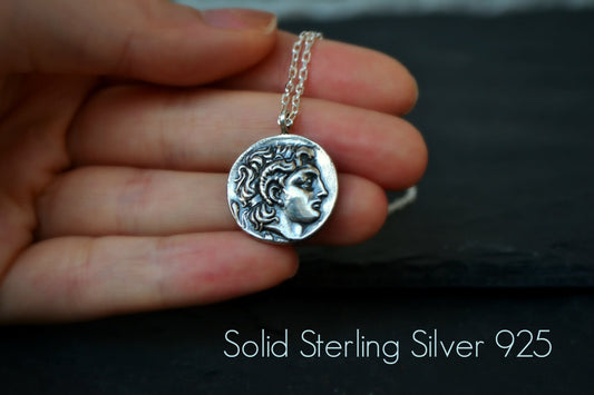 Alexander The Great Coin Necklace, Mens necklace, Sterling Silver Coin Jewelry, Ancient Greek King Coin Replica Reversible