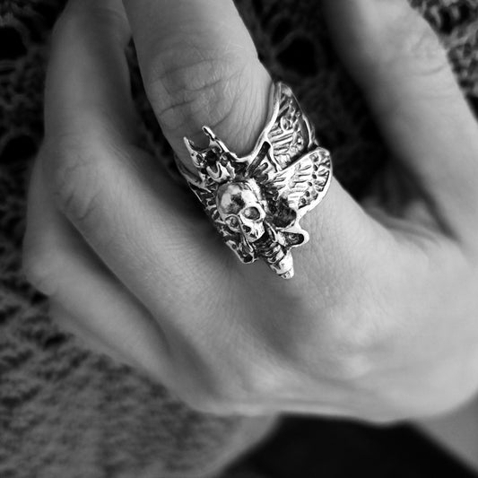 --BLYRA-- Gothic Skull Ring Death Moth Butterfly Wrap Ring Sterling Silver Creepy Wiccan Insect Jewelry
