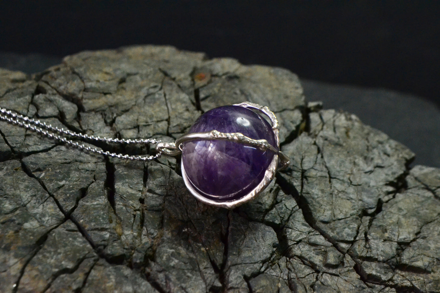 --Amethyst-- Sphere Claw Necklace Sterling Silver Gothic Ball Pendant Jewelry