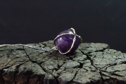 --Amethyst-- Sphere Claw Necklace Sterling Silver Gothic Ball Pendant Jewelry