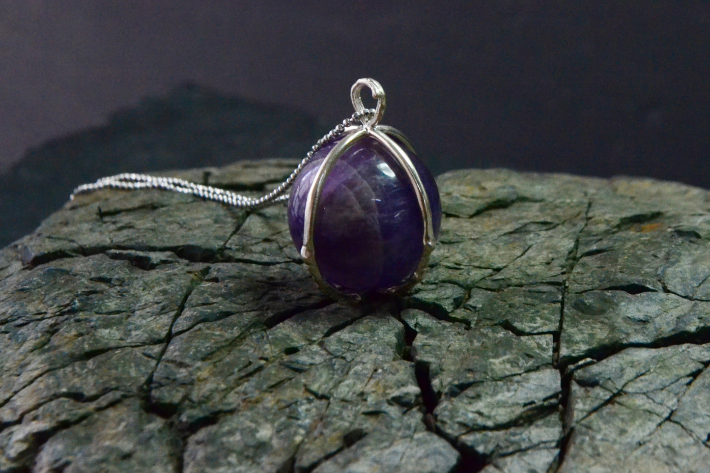 --Amethyst-- Sphere Claw Necklace Sterling Silver Gothic Ball Pendant Jewelry