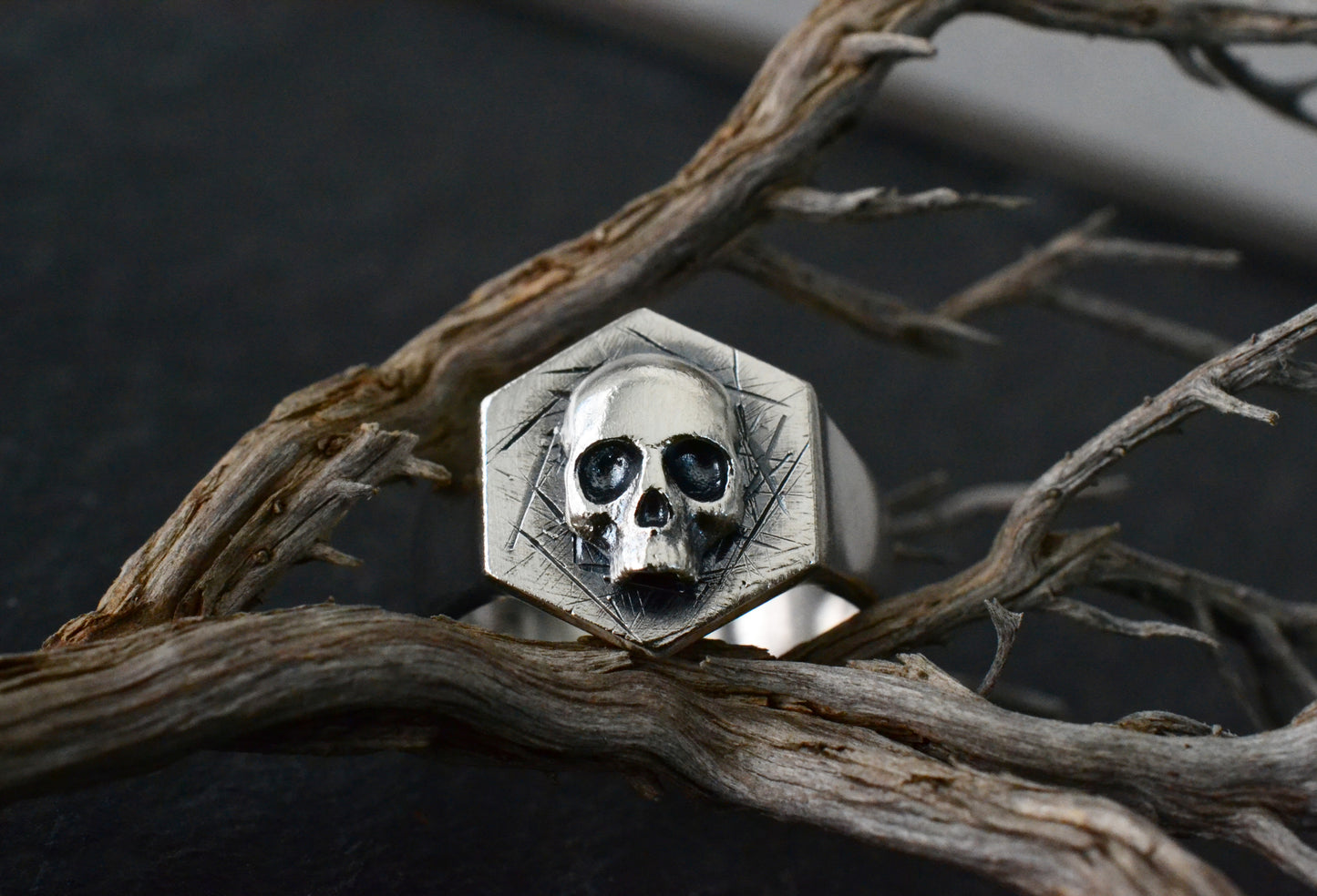 --ACHERON--Gothic Skull Ring, Mens Biker Signet Ring, Sterling Silver Pinky Ring, Hexagon Geometric Gothic Chevalier Jewelry