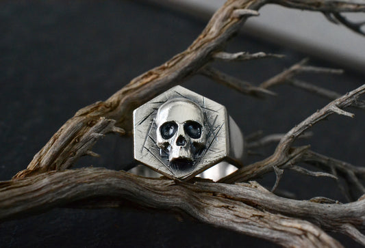 --ACHERON--Gothic Skull Ring, Mens Biker Signet Ring, Sterling Silver Pinky Ring, Hexagon Geometric Gothic Chevalier Jewelry