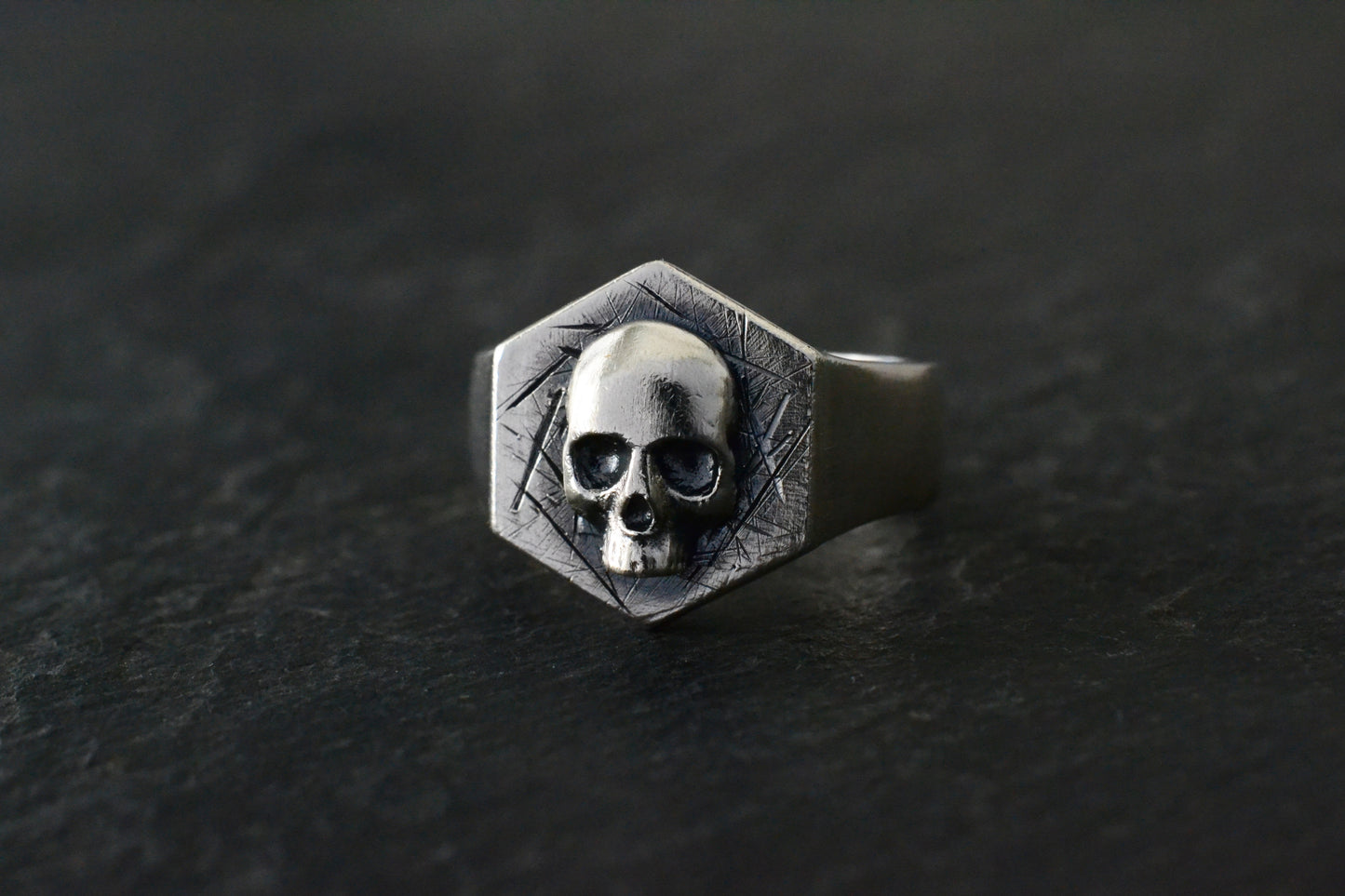 --ACHERON--Gothic Skull Ring, Mens Biker Signet Ring, Sterling Silver Pinky Ring, Hexagon Geometric Gothic Chevalier Jewelry