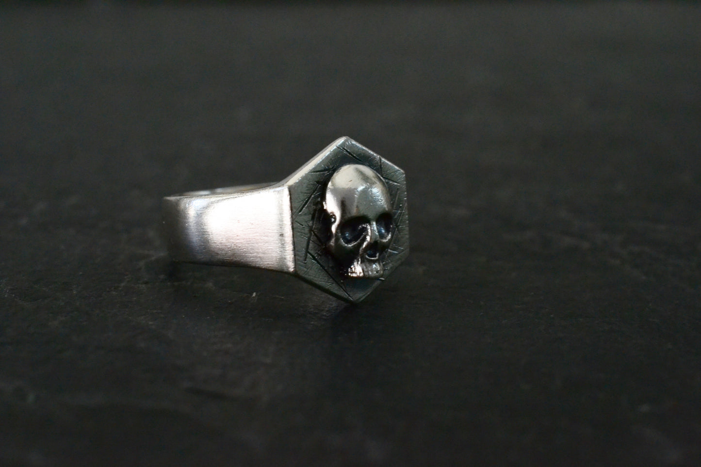 --ACHERON--Gothic Skull Ring, Mens Biker Signet Ring, Sterling Silver Pinky Ring, Hexagon Geometric Gothic Chevalier Jewelry
