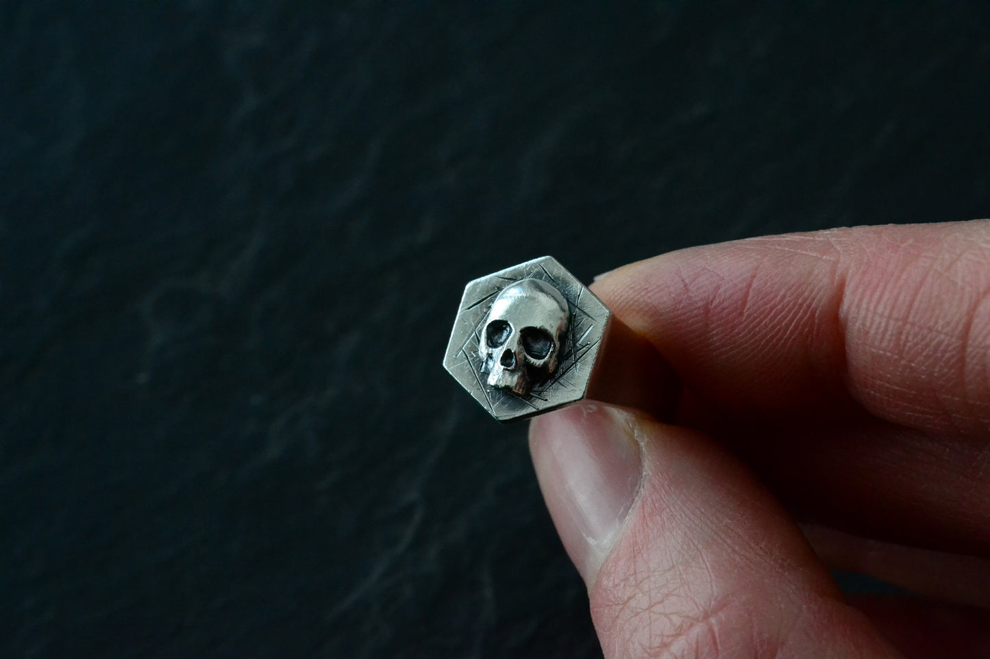 --ACHERON--Gothic Skull Ring, Mens Biker Signet Ring, Sterling Silver Pinky Ring, Hexagon Geometric Gothic Chevalier Jewelry