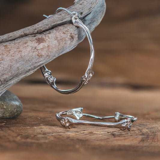 --ANSUZ--Bone Hoop Earrings Sterling Silver 925 Gothic Bone Jewelry Wiccan