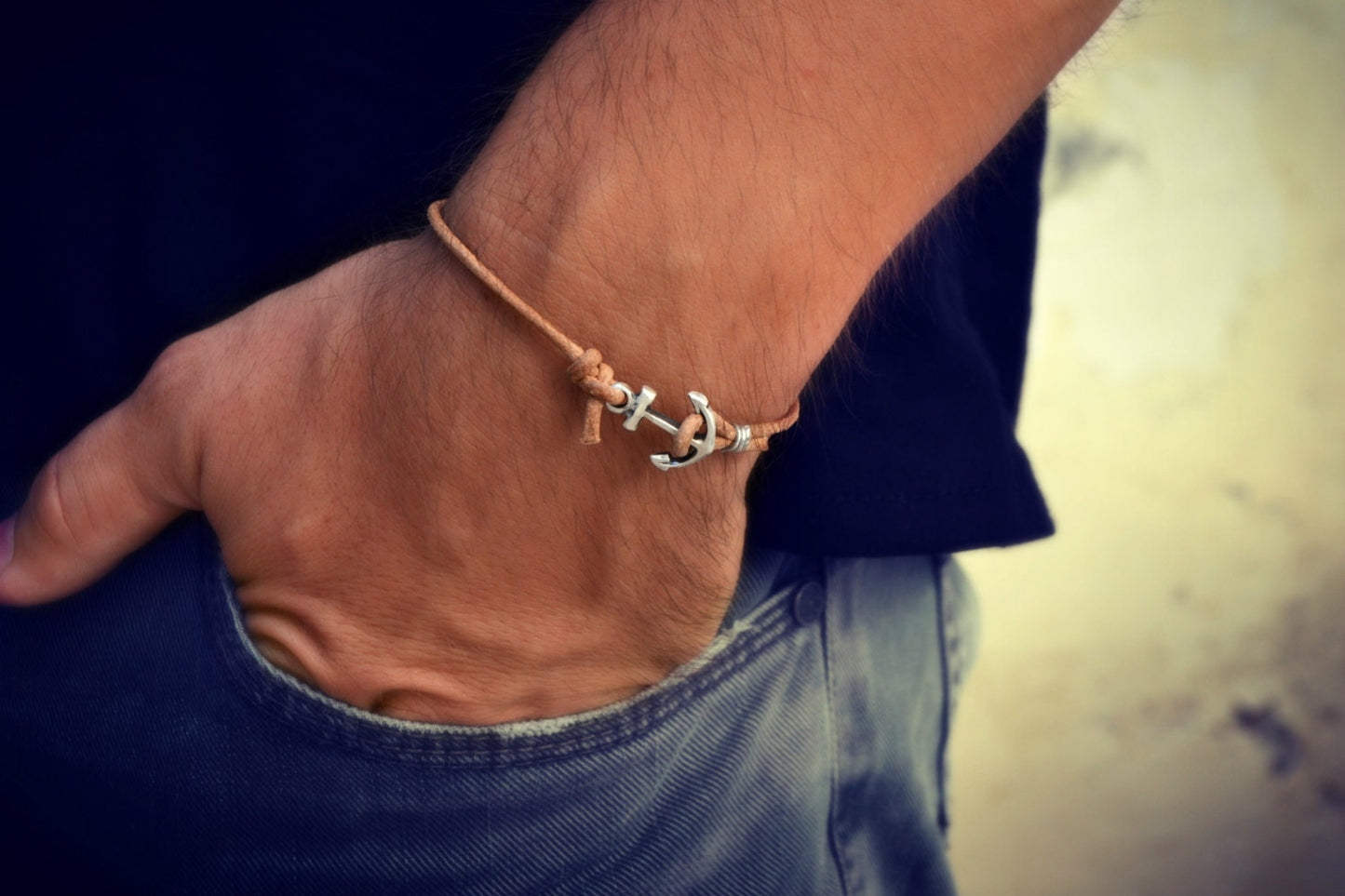 mens bracelet, sterling silver anchor bracelet, mens jewelry, brown leather bracelet, nautical bracelet jewelry gift for sailor boyfriend