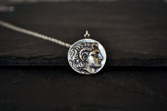 Alexander The Great Coin Necklace, Mens necklace, Sterling Silver Coin Jewelry, Ancient Greek King Coin Replica Reversible