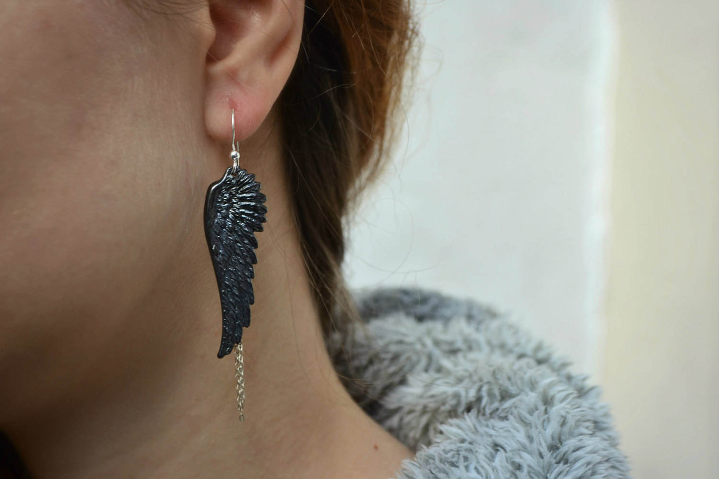 Gothic Earrings Black Angel Wings Earrings Sterling Silver Wing Feather Earrings with Chain Steampunk Jewelry