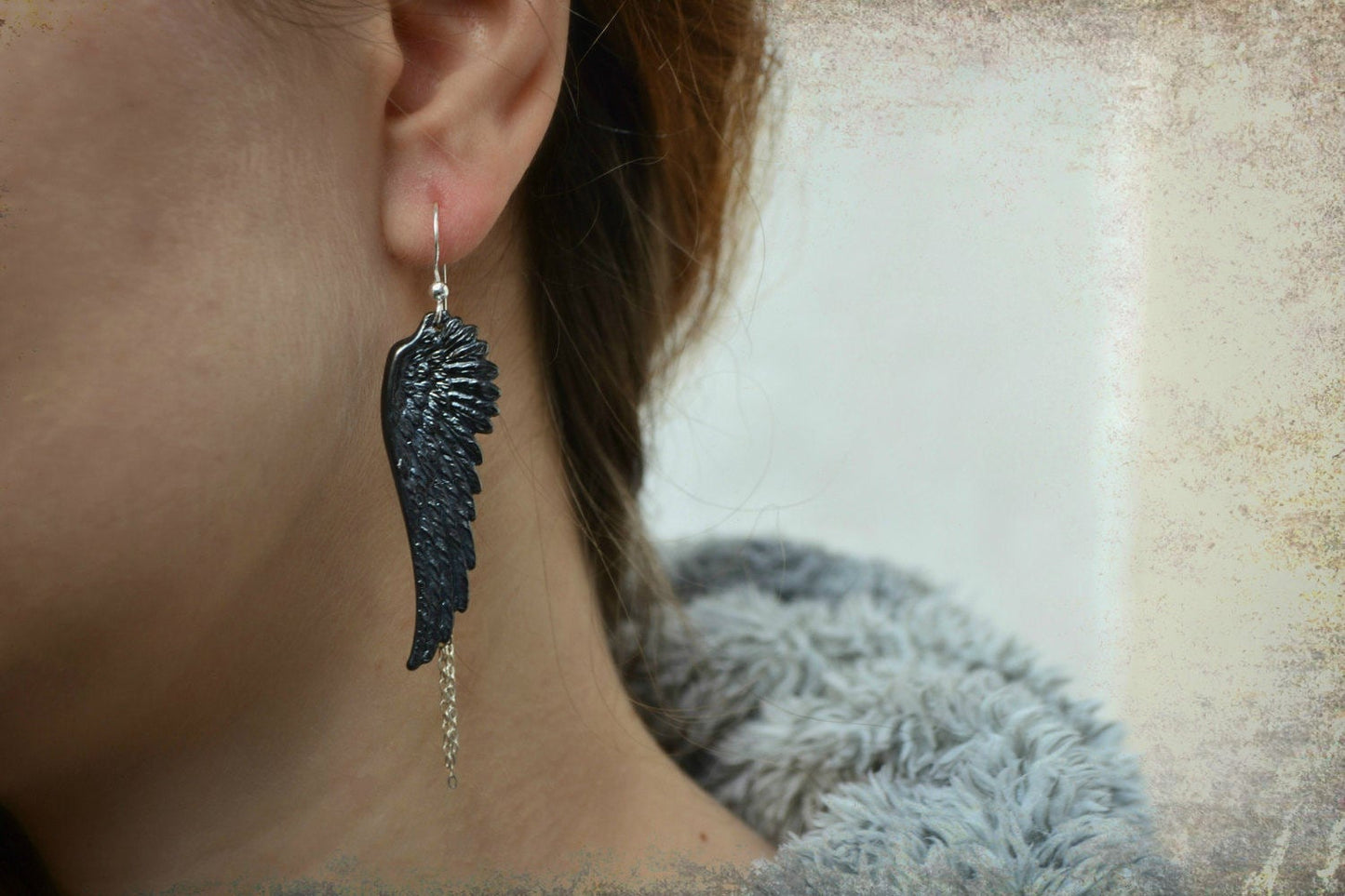 Gothic Earrings Black Angel Wings Earrings Sterling Silver Wing Feather Earrings with Chain Steampunk Jewelry