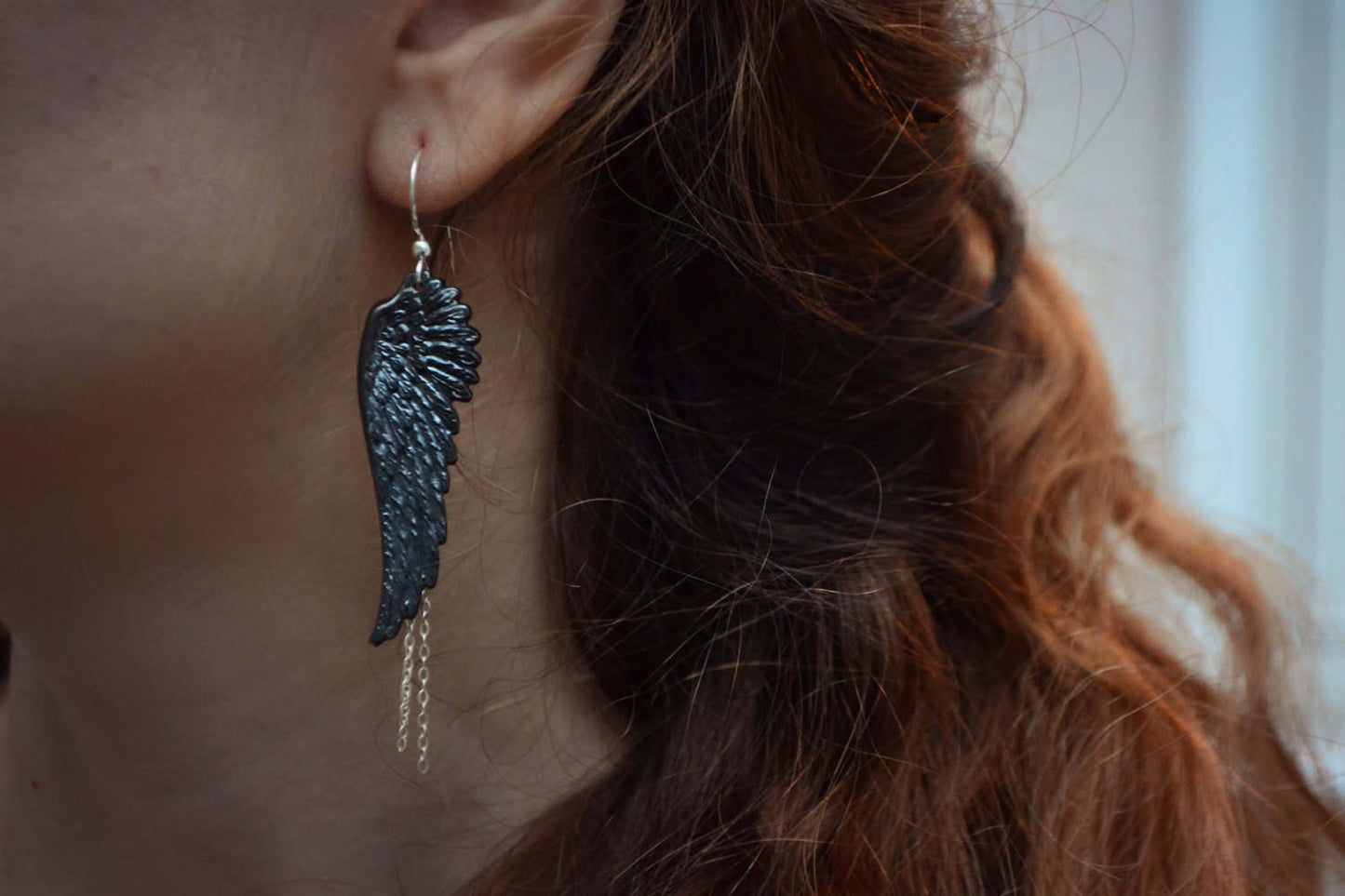 Gothic Earrings Black Angel Wings Earrings Sterling Silver Wing Feather Earrings with Chain Steampunk Jewelry