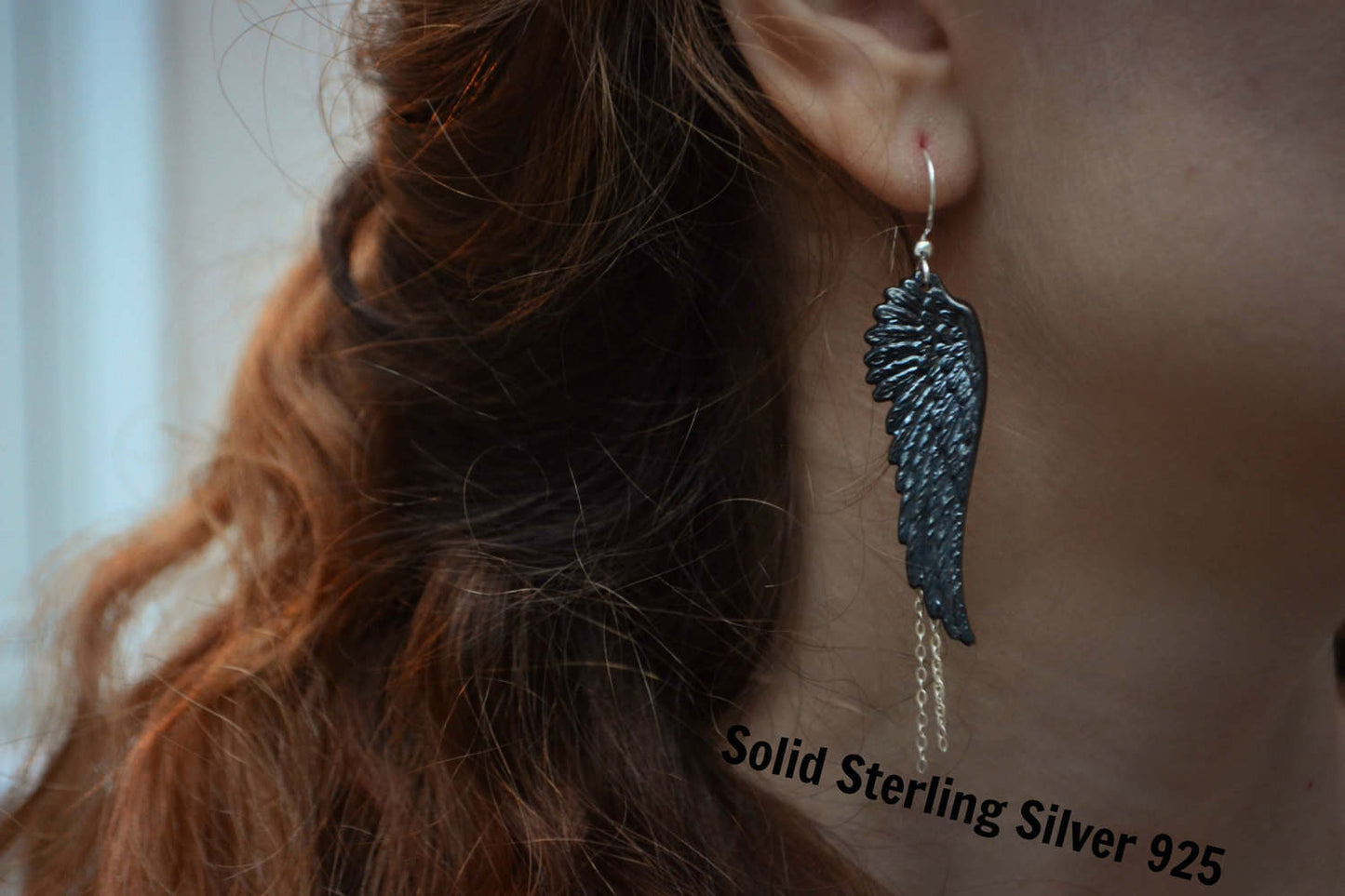 Gothic Earrings Black Angel Wings Earrings Sterling Silver Wing Feather Earrings with Chain Steampunk Jewelry