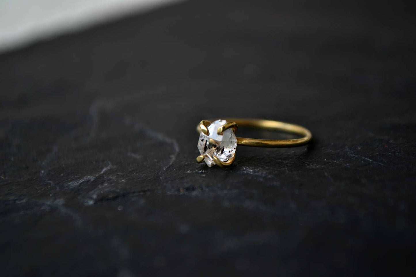 Herkimer Diamond Ring, 14k Gold Vermeil Solitaire Engagement Ring, Raw Diamond Crystal Ring, Herkimer Diamond Jewelry, Gift for Her