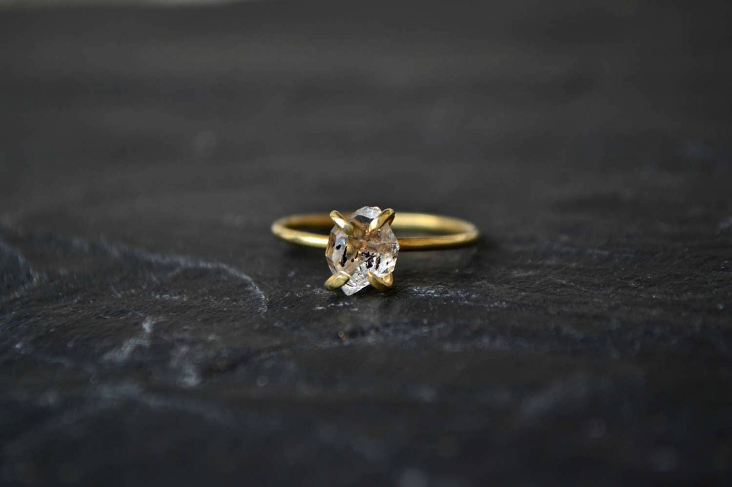 Herkimer Diamond Ring, 14k Gold Vermeil Solitaire Engagement Ring, Raw Diamond Crystal Ring, Herkimer Diamond Jewelry, Gift for Her