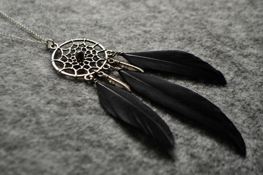 Festival Dream Catcher Necklace Dreamcatcher Pendant Sterling Silver Hematite Black Feather Necklace Boho Jewelry