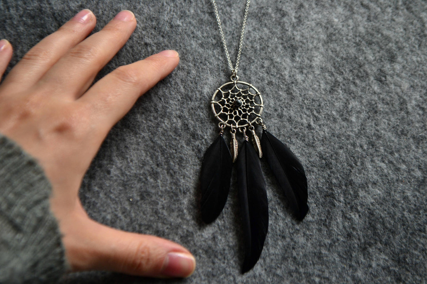 Festival Dream Catcher Necklace Dreamcatcher Pendant Sterling Silver Hematite Black Feather Necklace Boho Jewelry