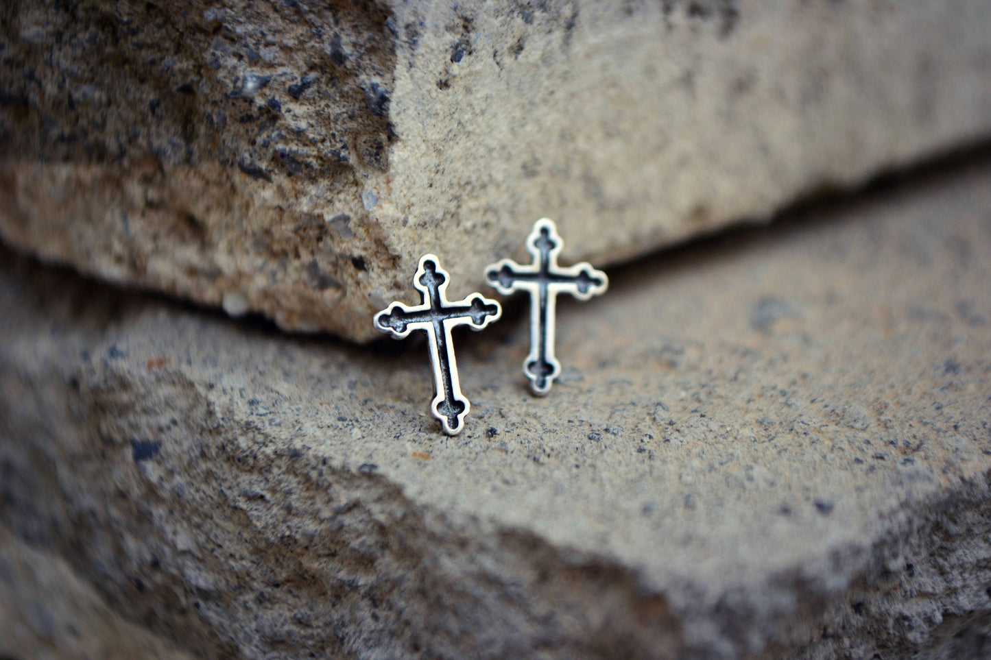 Gothic Cross Stud Earrings, Cross Earrings Crucifix Mens Earrings Sterling Silver 925, Punk Rock Biker Earrings Religious Christian Jewelry