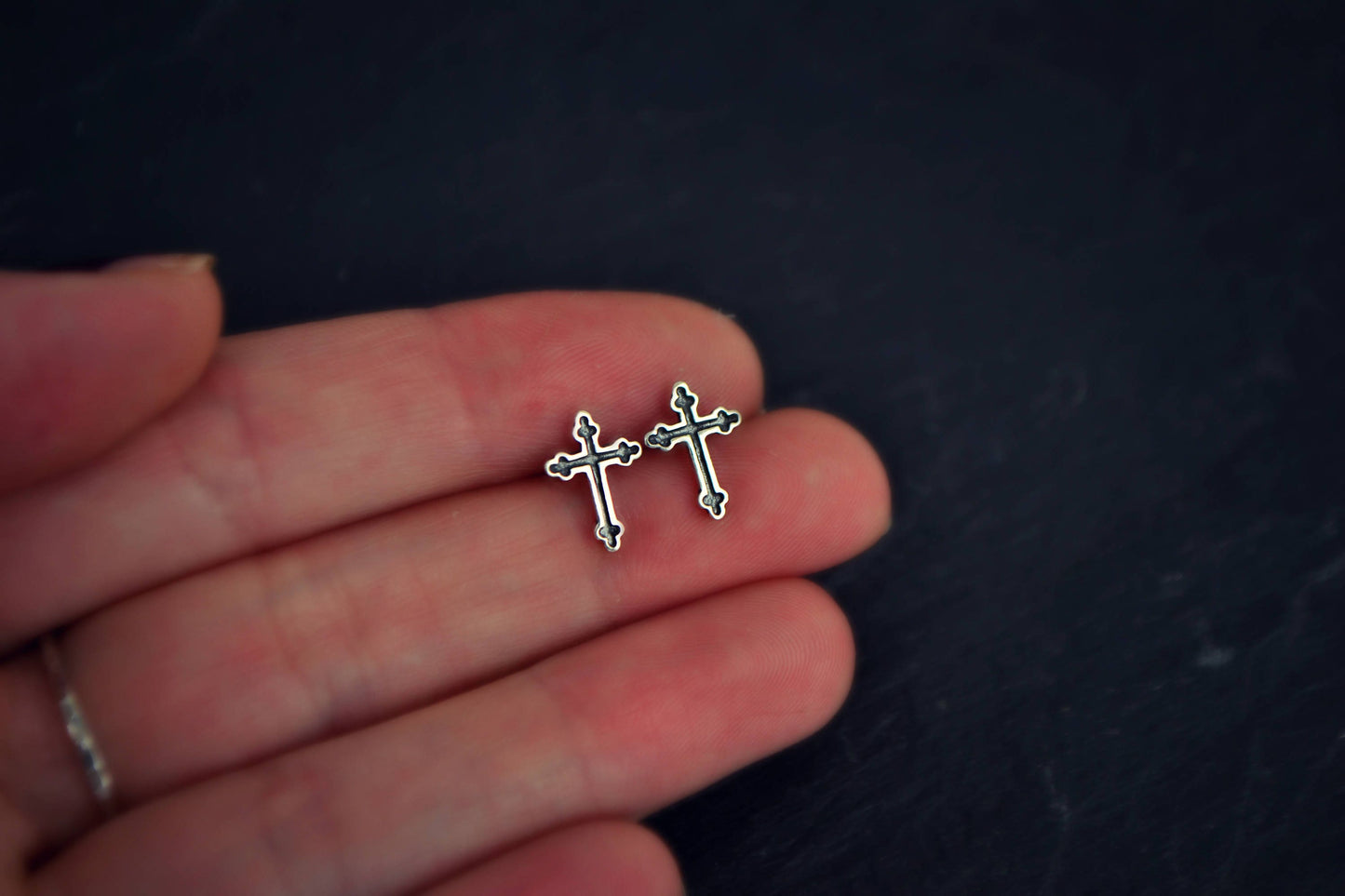 Gothic Cross Stud Earrings, Cross Earrings Crucifix Mens Earrings Sterling Silver 925, Punk Rock Biker Earrings Religious Christian Jewelry