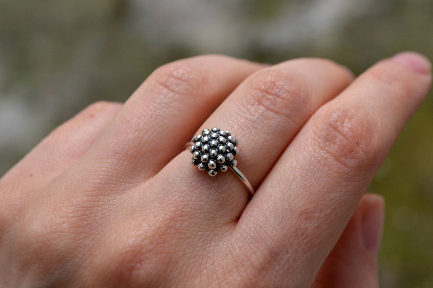 Particle Molecule Dandelion Ring Minimalist Sterling Silver Organic Biology Jewelry Modern Bubble Dot Granulation Ring