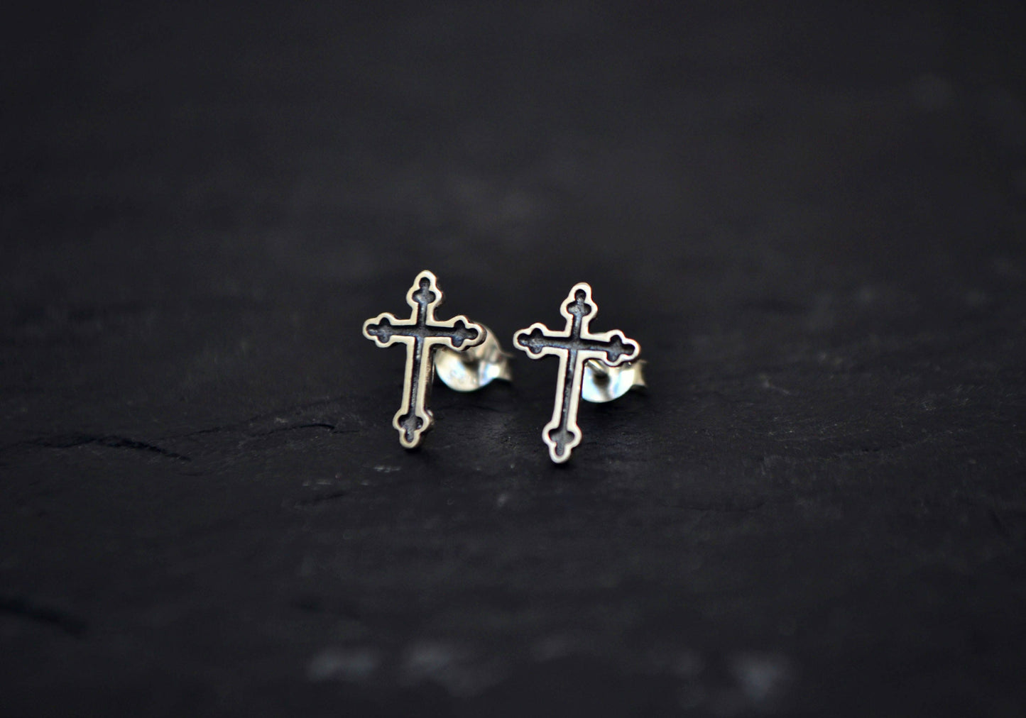 Gothic Cross Stud Earrings, Cross Earrings Crucifix Mens Earrings Sterling Silver 925, Punk Rock Biker Earrings Religious Christian Jewelry