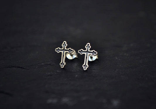 Gothic Cross Stud Earrings, Cross Earrings Crucifix Mens Earrings Sterling Silver 925, Punk Rock Biker Earrings Religious Christian Jewelry