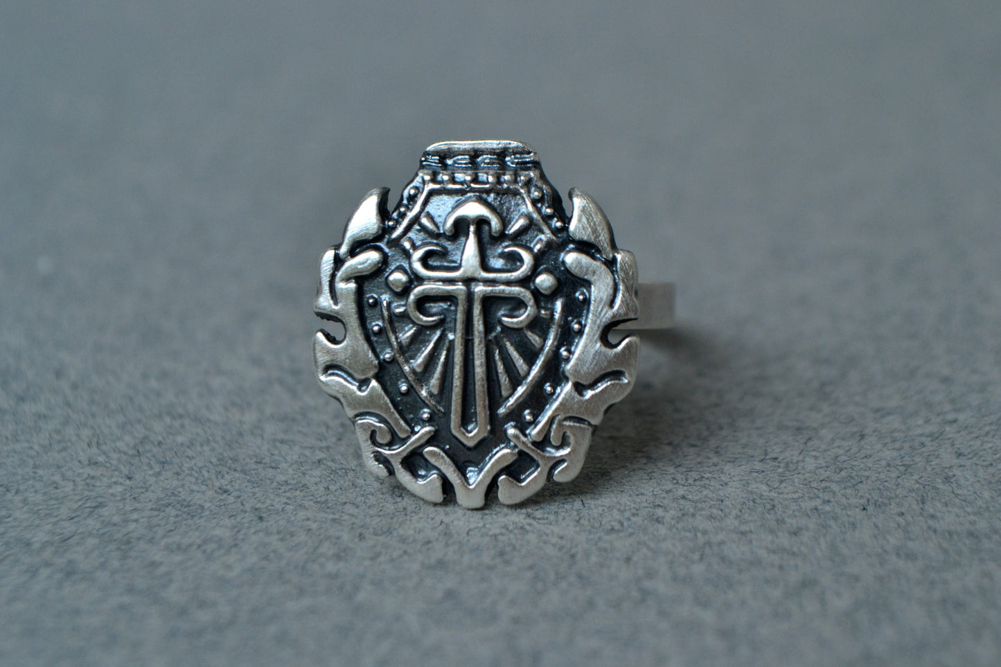 Sterling Silver Gothic Cross Ring Mens Jewelry Medieval Crest Shield in Obscure Dark Black Knight Chevalier