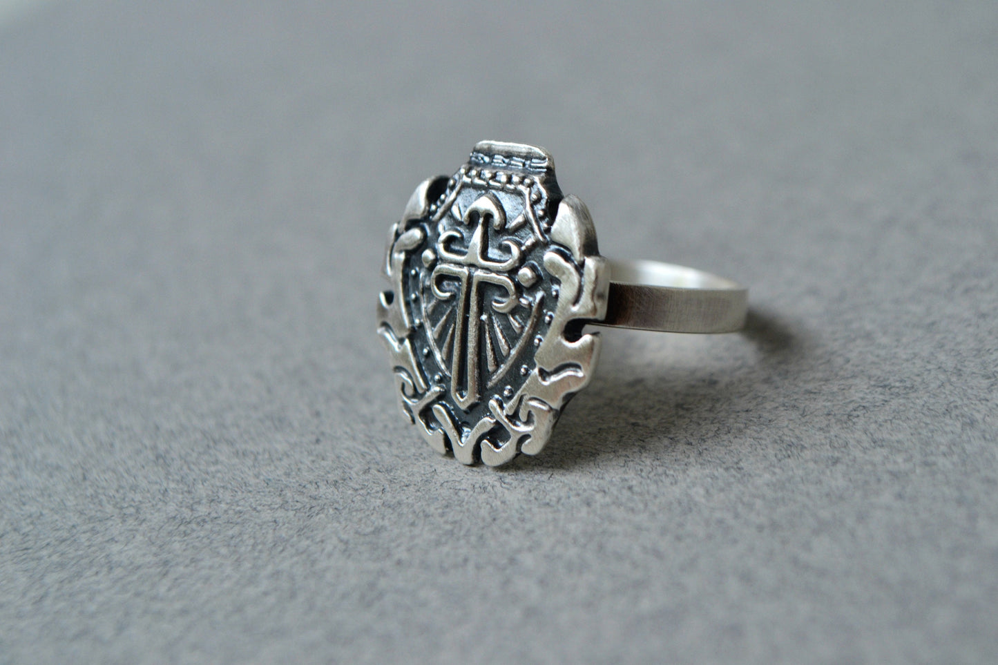 Sterling Silver Gothic Cross Ring Mens Jewelry Medieval Crest Shield in Obscure Dark Black Knight Chevalier