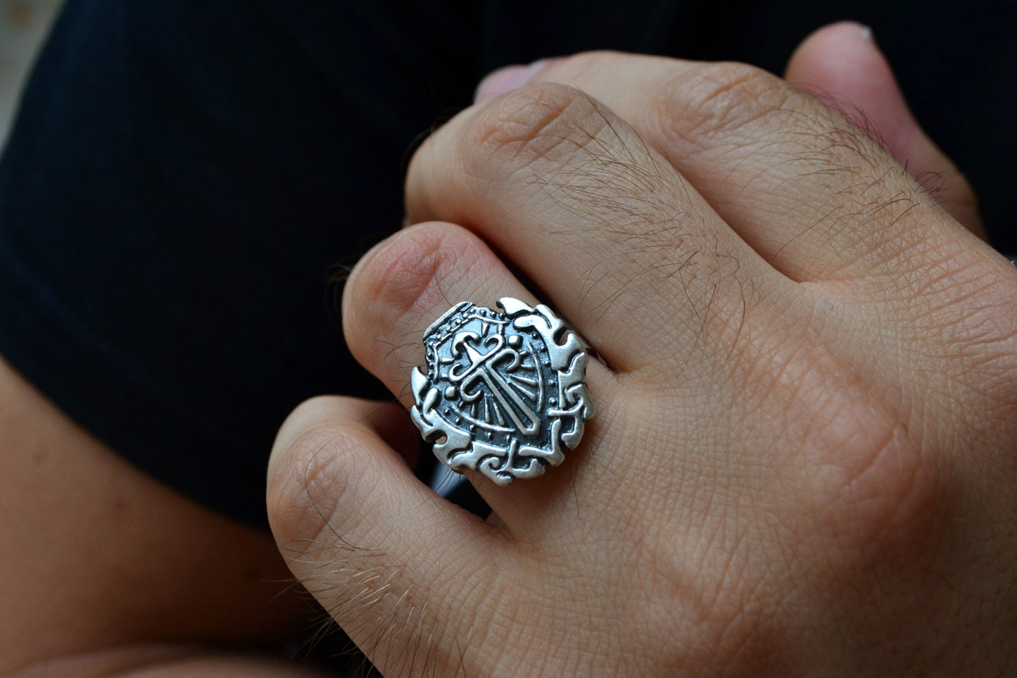 Sterling Silver Gothic Cross Ring Mens Jewelry Medieval Crest Shield in Obscure Dark Black Knight Chevalier