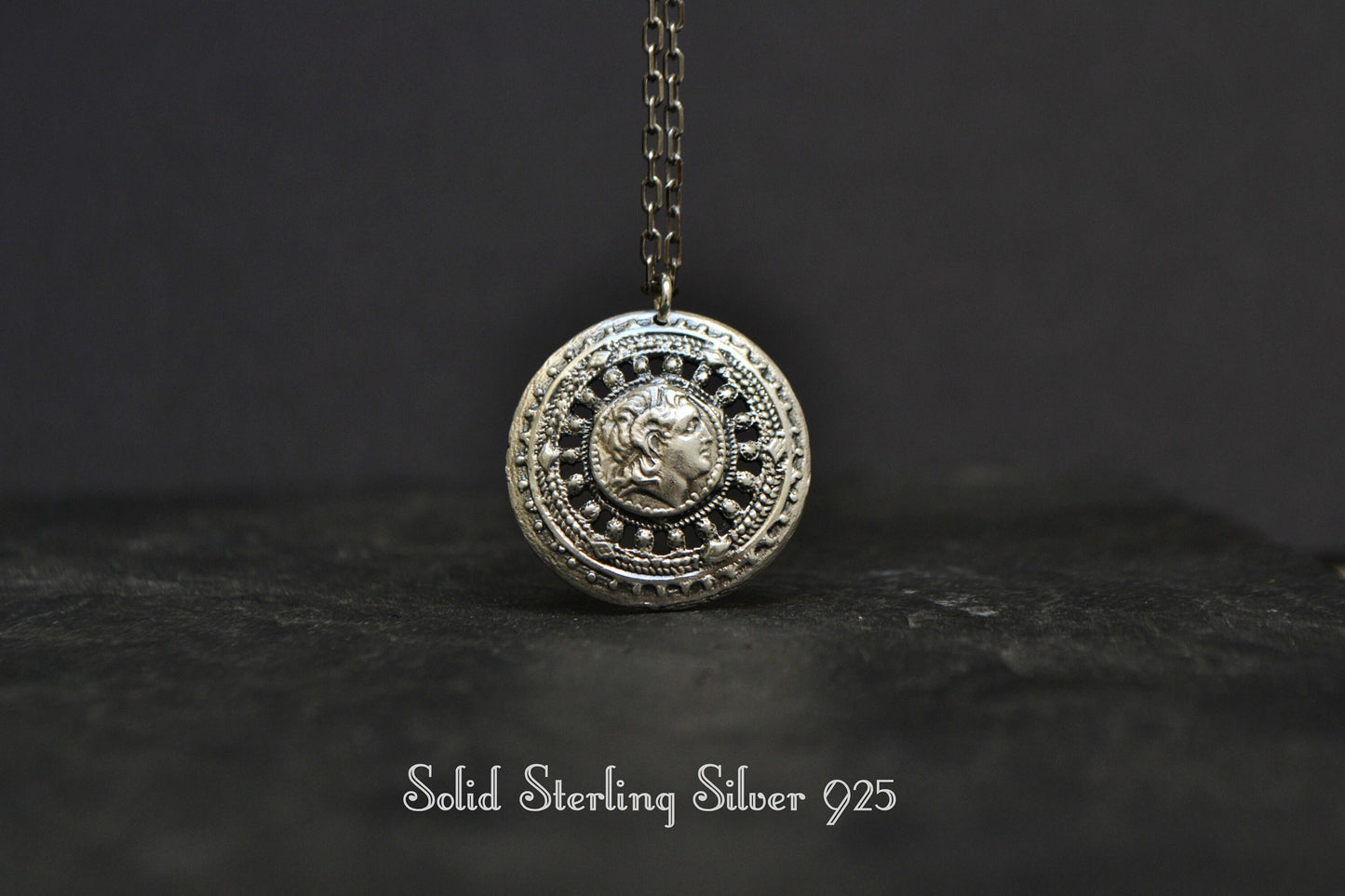 Ancient Greek Necklace, Sterling Silver Coin Necklace, Shield Necklace, Alexander The Great Necklace, Grecian Greek Warrior Jewelry