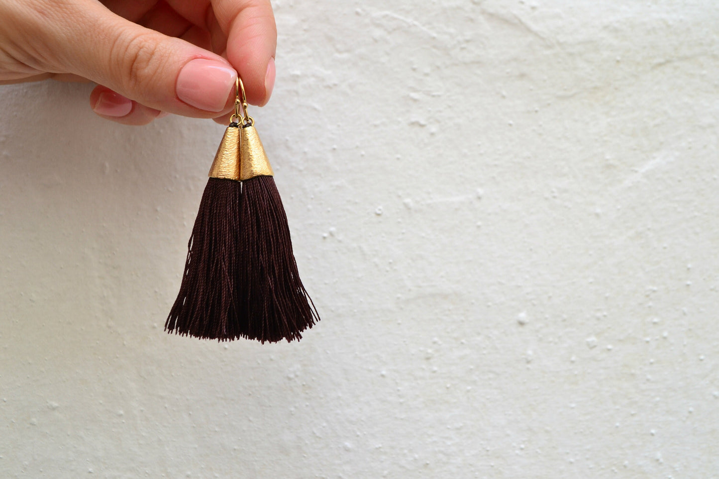 Plum Gold Tassel Earrings, Fringe Sterling Silver Earrings Long Silky Dark Brown Purple Earrings Boho Beach Wedding Bridesmaid Gift