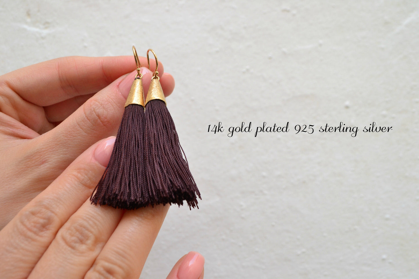 Plum Gold Tassel Earrings, Fringe Sterling Silver Earrings Long Silky Dark Brown Purple Earrings Boho Beach Wedding Bridesmaid Gift