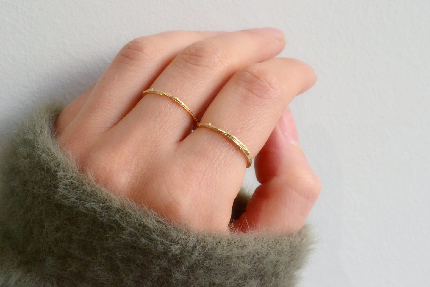 14k Gold Twig Ring Dainty Wedding Band single or set