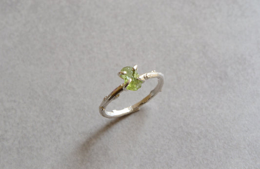 Raw Peridot Twig Ring Branch Engagement Ring Sterling Silver Green Stone Ring