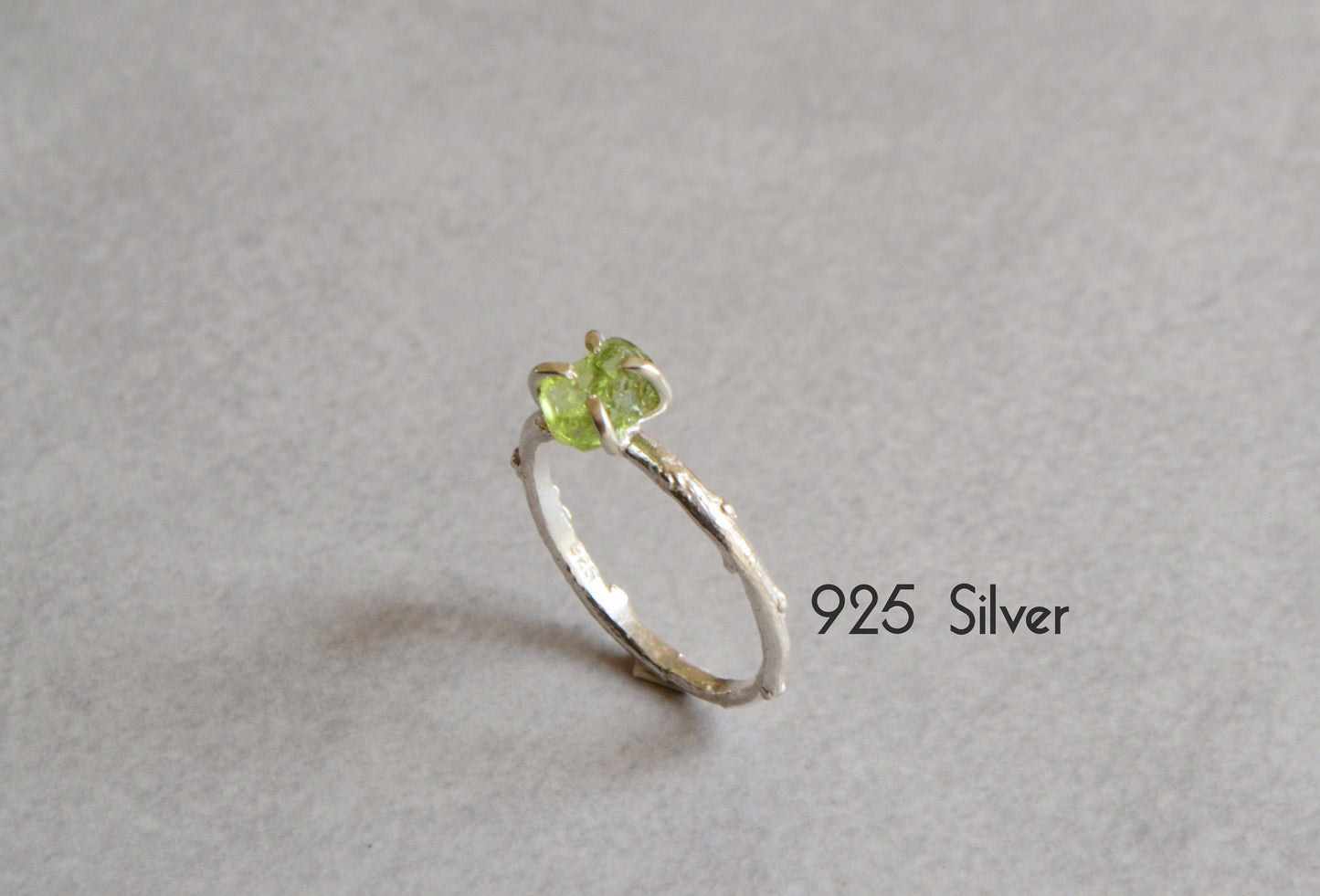 Raw Peridot Twig Ring Branch Engagement Ring Sterling Silver Green Stone Ring