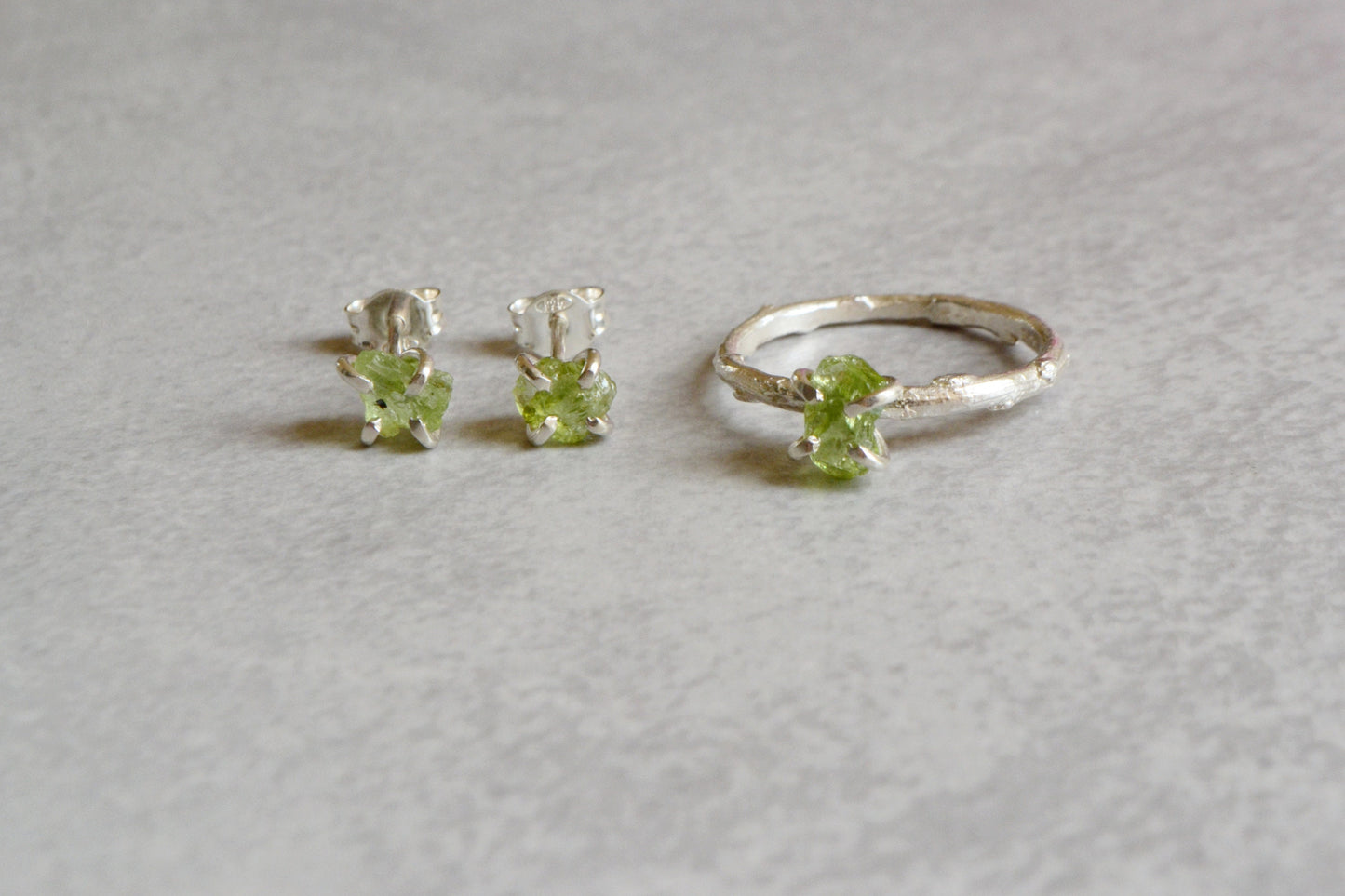 Raw Peridot Twig Ring Branch Engagement Ring Sterling Silver Green Stone Ring