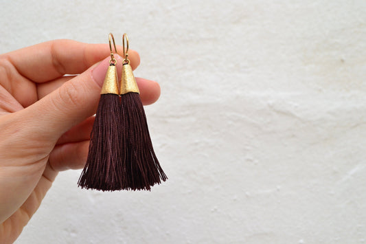 Plum Gold Tassel Earrings, Fringe Sterling Silver Earrings Long Silky Dark Brown Purple Earrings Boho Beach Wedding Bridesmaid Gift