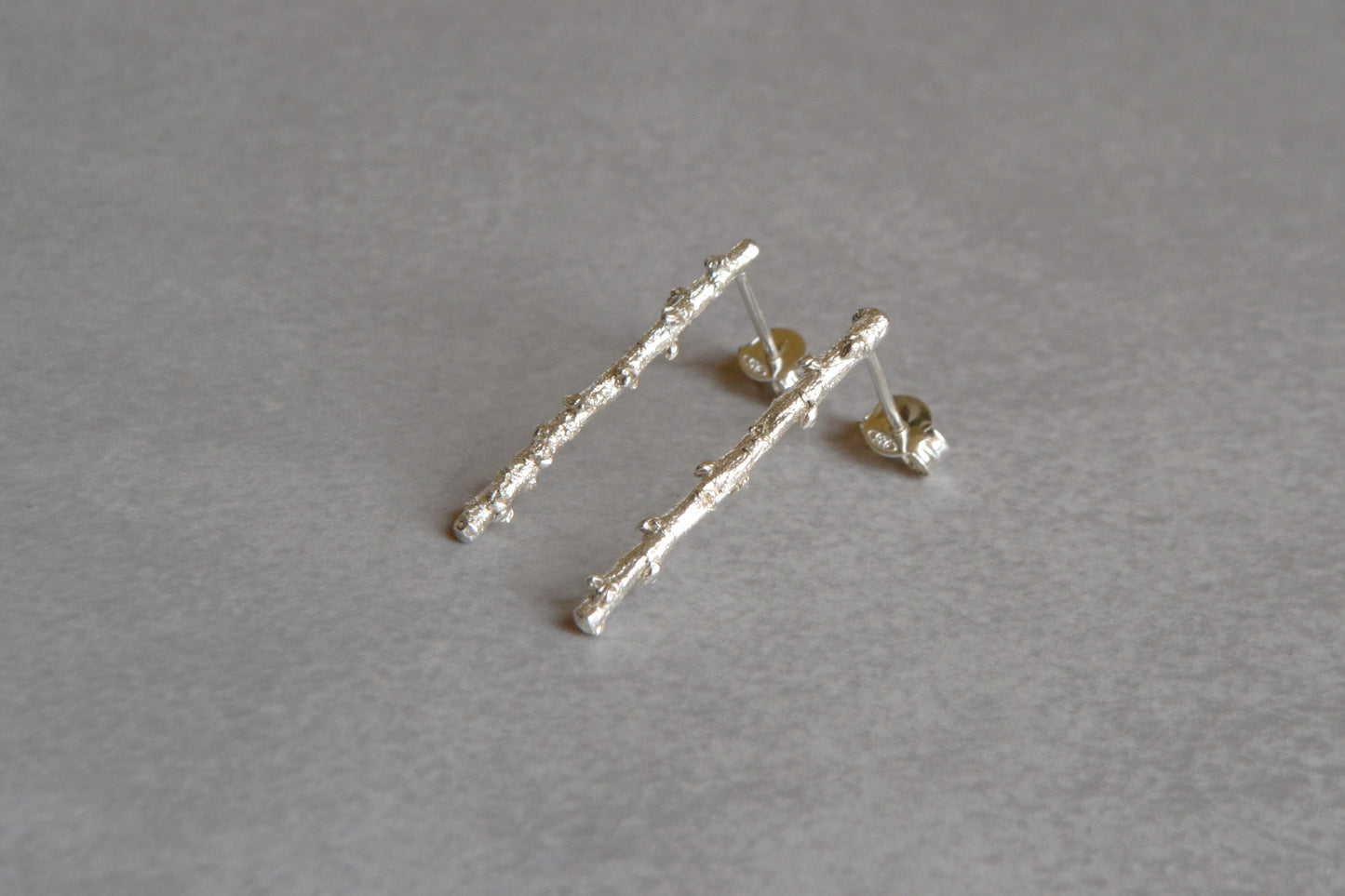 Long Bar Stud Earrings, Tree Branch Twig Earrings, Sterling Silver Minimal Botanical Organic Textured Earrings